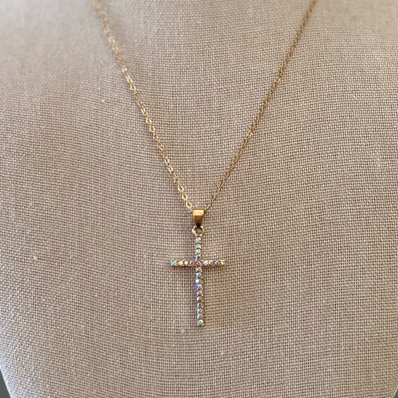 Gold Aurora Borealis Rhinestone 1.5” Cross 16" Necklace Christian Faith Religion - Picture 2 of 5